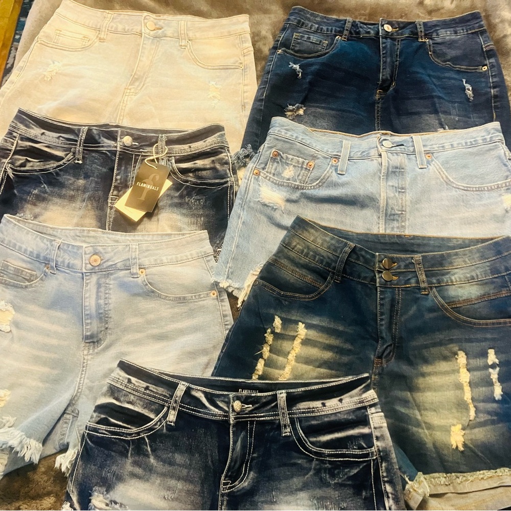 Lot Of 7 Mixed Blue and Light Wash Distressed Jean Shorts Pack